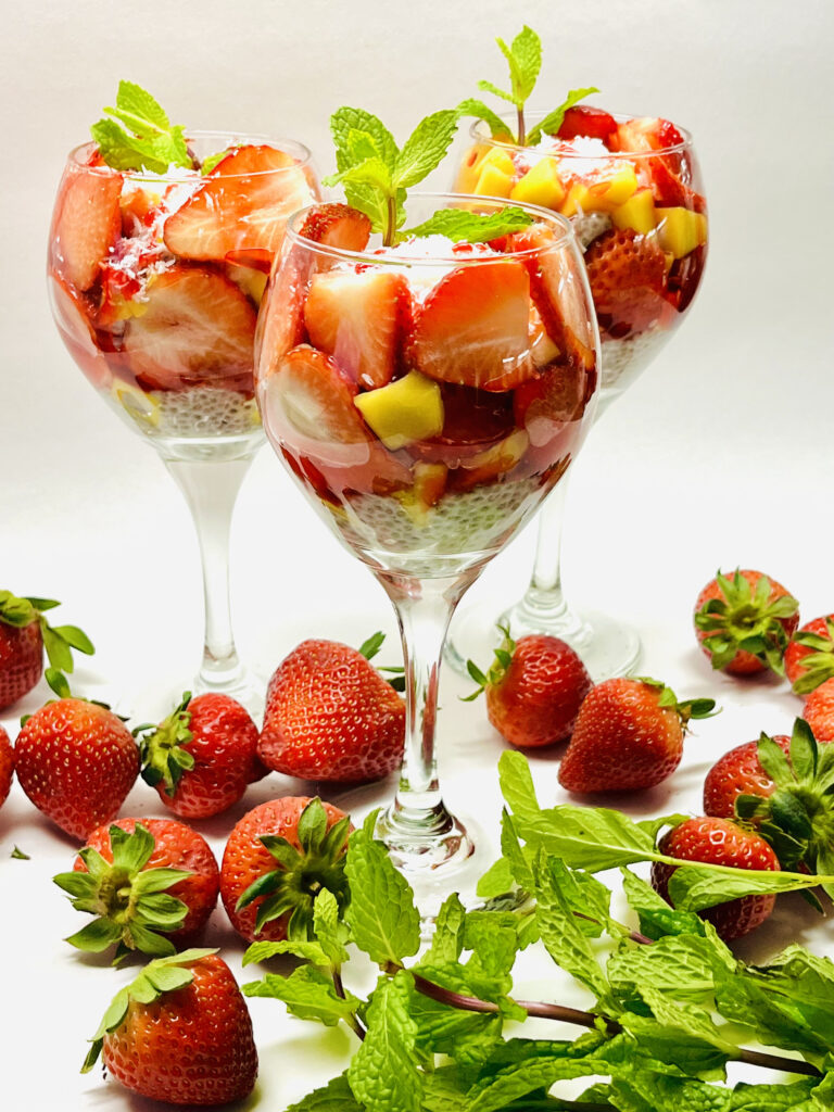 chia pudding in wine glasses