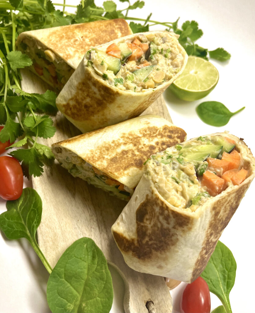 chickpea tuna wraps on cutting board