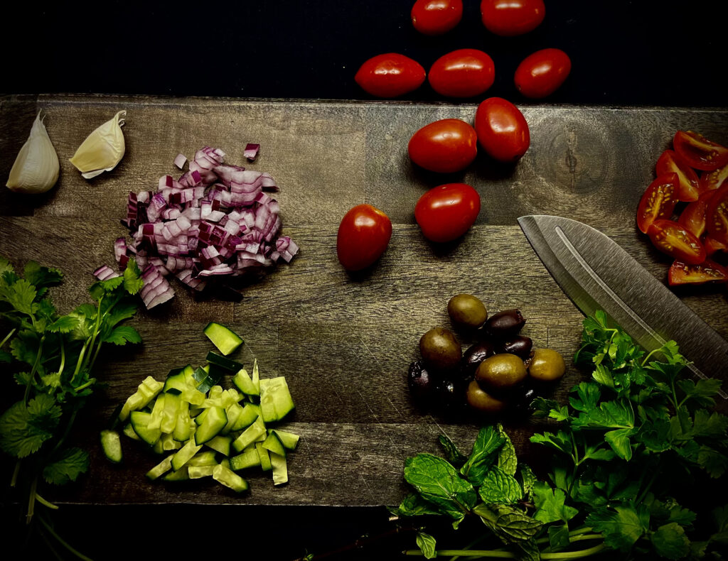 cutting board with veggies