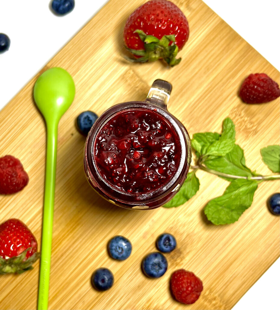 mixed berry jam on cutting board