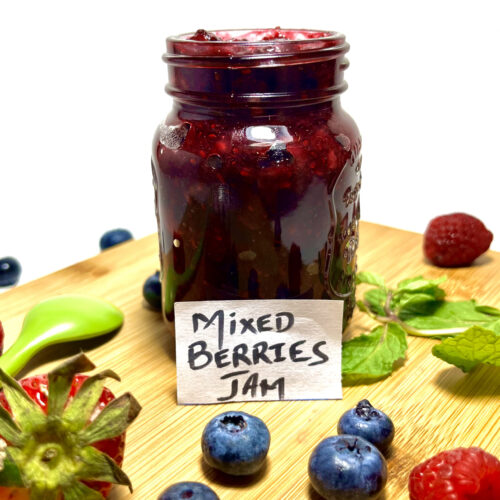 mixed berry jam in container