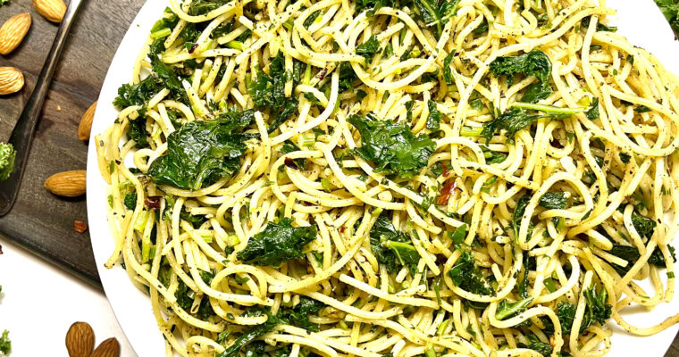 garlic herbed spaghetti plated