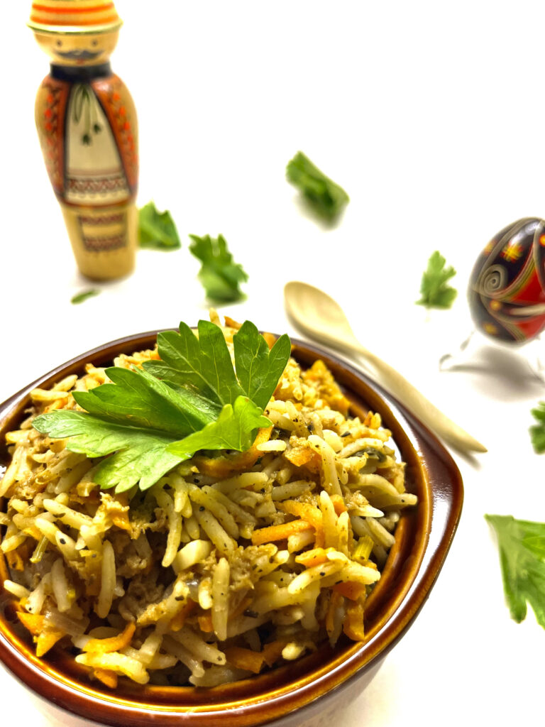 rice plov in bowl with figurines