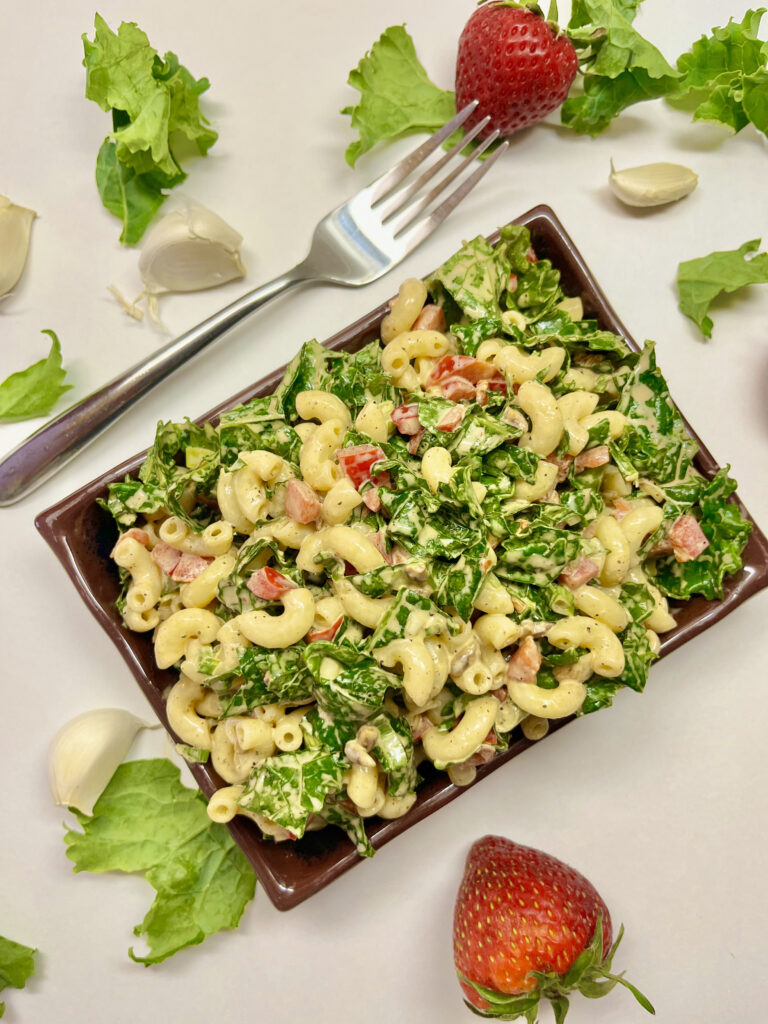 macaroni salad in square bowl