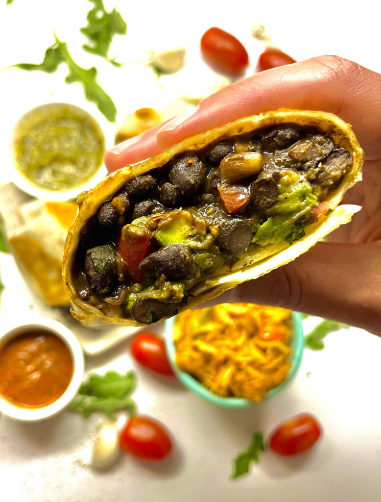 close-up of burrito cut in half