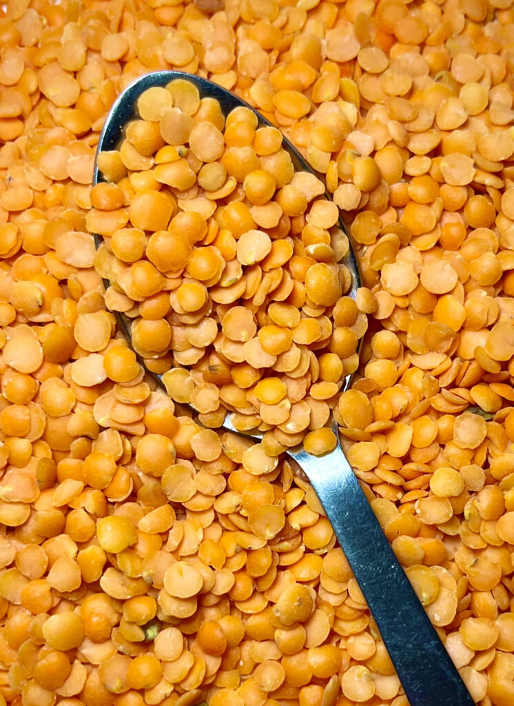 spoon holding red lentils