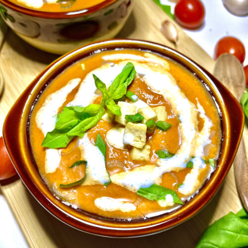 roasted red pepper soup in bowl