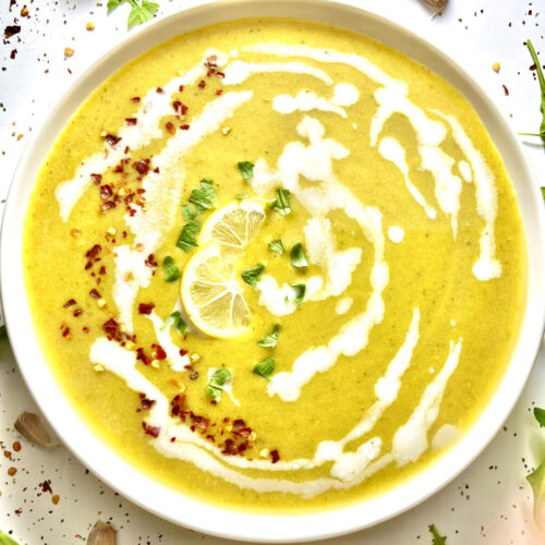 creamy broccoli lentil soup in bowl