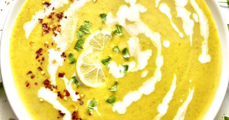 creamy broccoli lentil soup in bowl