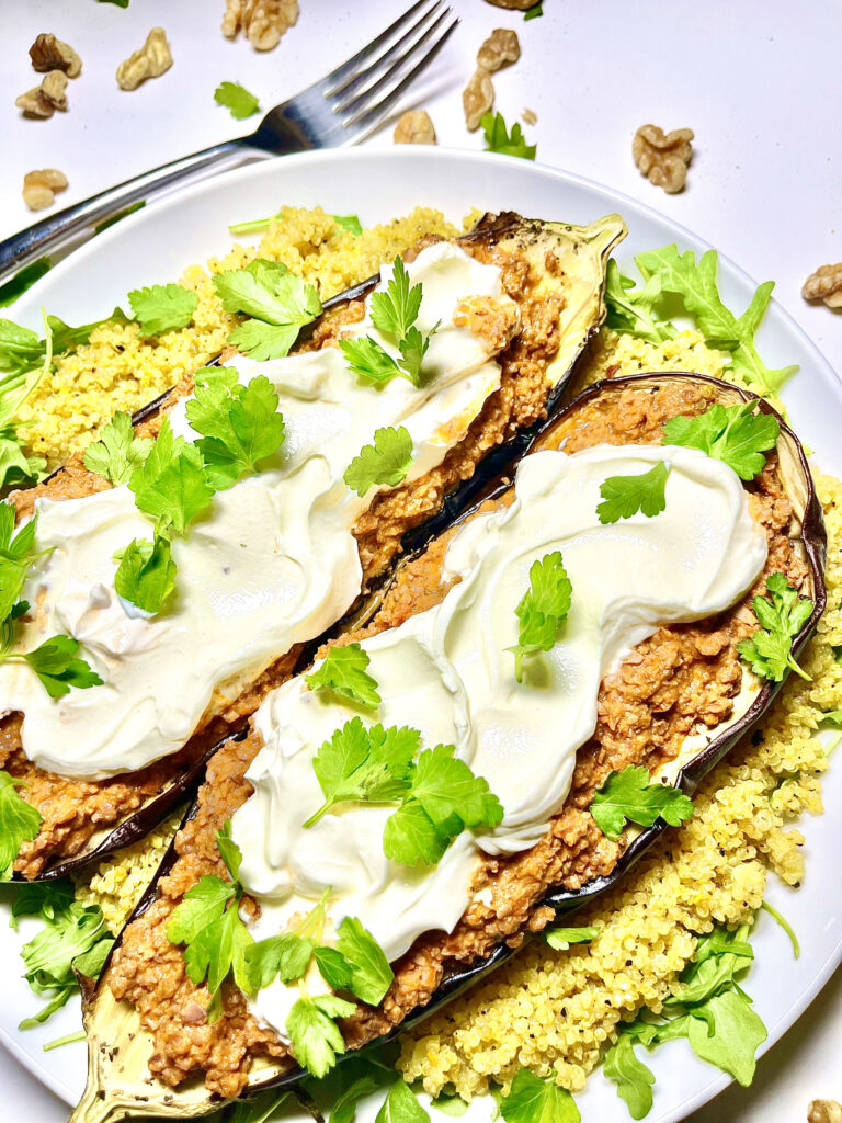 moroccan stuffed eggplant on plate with fork