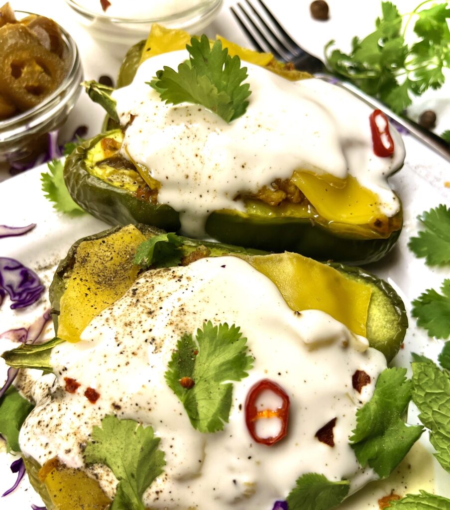 stuffed peppers with sour cream and garnishes