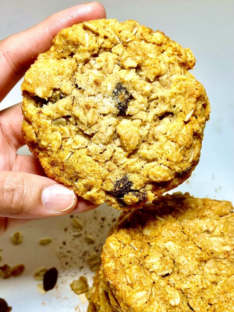 hand holding oatmeal raisin cookie